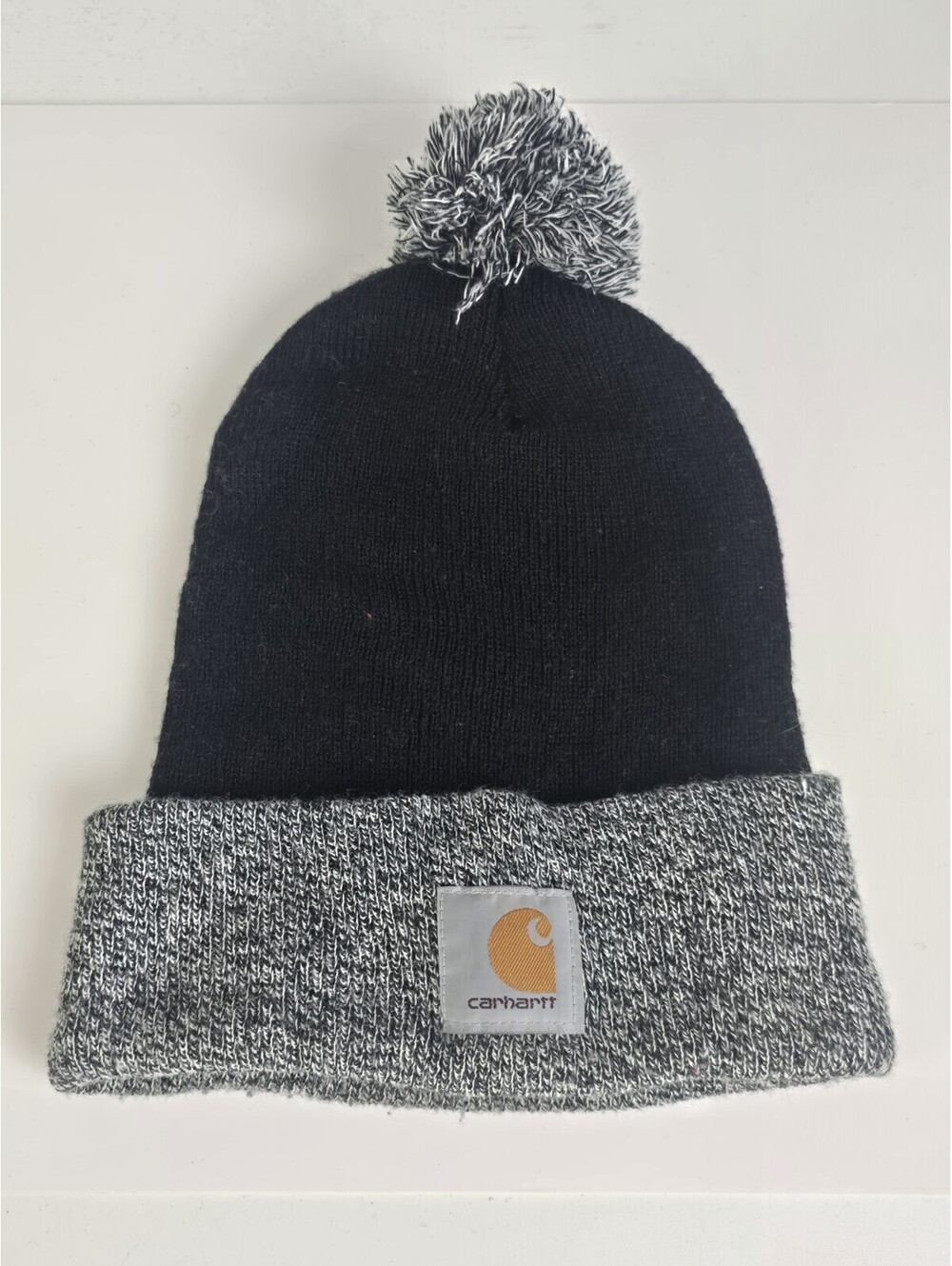 Carhartt Knit Pom Hat, Beanie Stocking Cap OS Gray Black Vintage Made In USA